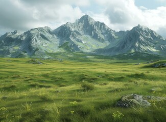 Canvas Print - High Mountain and Green Grassland