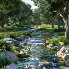 Poster - Small river flowing through a lush green forest with rocks and lily pads