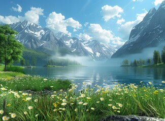 Poster - Tranquil mountain lake in the morning