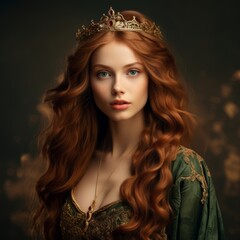 Wall Mural - beautiful woman, high cheekbones, angular face, long auburn red hair, gold diadem, green medieval clothes, princess