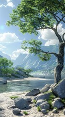 Sticker - Fantasy landscape with a large tree in the foreground and mountains in the background