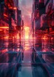 © duyina1990 - Red and Blue 3D Illustration of a Cityscape with Reflective Buildings and a Sunset