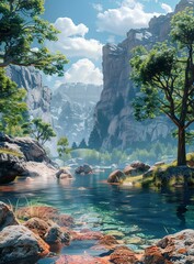 Canvas Print - The crystal clear water of the mountain river flows through the green valley