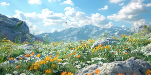 Wall Mural - Alpine meadow in full bloom with a distant mountain range