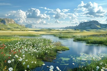 Poster - The river flows through the middle of the grassland