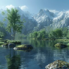 Poster - Tranquil Mountain Lake Scenery