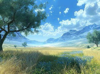 Poster - Tranquil Grassland Landscape with Mountains and Blue Flowers