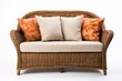 vintage wicker sofa with soft pillows garden furniture isolated on white background