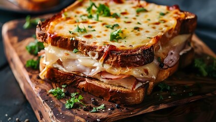 Wall Mural - A Mouthwatering Croque Monsieur Sandwich Up Close. Concept Food Photography, Gourmet Meals, Savory Dishes, French Cuisine, Cheesy Sandwiches