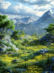 Poster - A verdant valley between high mountains