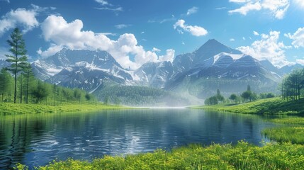 Wall Mural - Mountains, lake and green field landscape