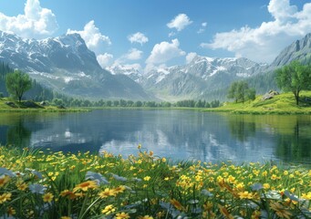 Wall Mural - Mountains, lake and flowers