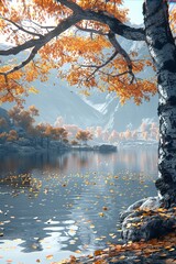 Wall Mural - Tranquil Autumn Lake and Trees with Yellow Foliage