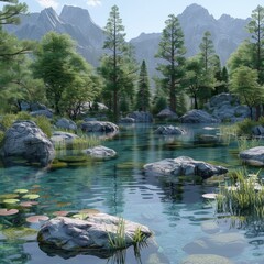 Canvas Print - The crystal clear lake in the valley is surrounded by green trees and large rocks