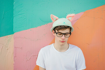 Wall Mural - portrait of happy cute young caucasian man wearing a cat ear hat, pastel pink, green background