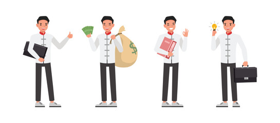 Wall Mural - Set of businessman character vector design. Chinese man holding money bag and get idea business illustration. Presentation in various action.