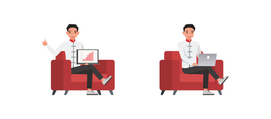 Set of businessman character vector design. Chinese man sitting and showing growth graph on computer illustration. Presentation in various action.