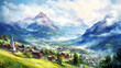 © Sunny - Design a watercolor background showcasing a panoramic view of the Alps with quaint villages nestled in the valleys