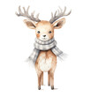 Watercolor Christmas Deer with Scarf in Winter Setting