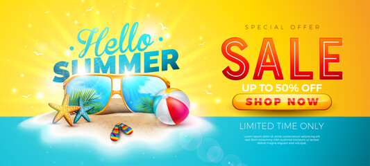 Wall Mural - Summer Sale Design with Sunglasses, Beach Ball and Typography Lettering on Blue and Yellow Background. Tropical Vector Illustration with Special Offer Label for Coupon, Voucher, Banner, Flyer