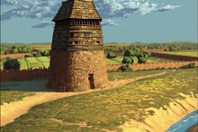 Short Wooden Tower, Surrounded By Medieval Village, Palisade, Farm Fields, River