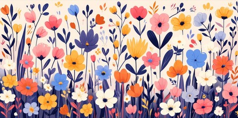 Wall Mural - Vibrant and colorful abstract floral pattern with bold shapes, set against a pink background, creating an energetic and playful design for textile printing.