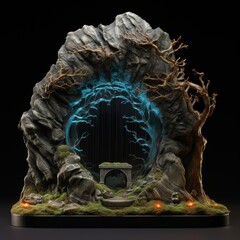 Wall Mural - the entrance to the underdark, scene with trees, giant glowing mushrooms, inside of a stone statue, covered in stone, in the style of miniature illumination, black background