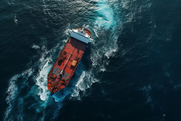 Wall Mural - An aerial view of a dry cargo ship moving on the high seas in clear, cloudless weather.