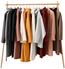 clothes rack full of a variety of winter coats and blazers in different colors, the clothes rack is 