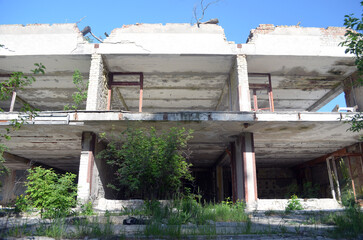 Wall Mural - Ghost town in Eastern Europe.Former Soviet kids sport camp.Ukraine gets rid of the consequences of communism. Ruins. Kiev Region,Ukraine