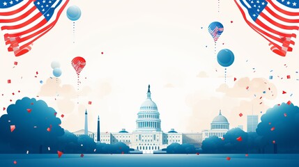 
4th of July independence day Vector illustration with the celebration greeting USA flag waving ribbon bunting decoration famous landmarks balloons flag
