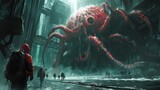 Fototapeta Natura - A group of explorers in a post-apocalyptic city encounter a gigantic octopus-like creature