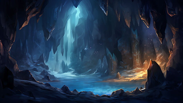 generate a watercolor background featuring an underground cave illuminated by glowing crystals