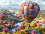 Fototapeta Natura - Take me on a journey through a vibrant landscape of colorful hills and valleys, where a patchwork hot air balloon soars above a river and lush forests.