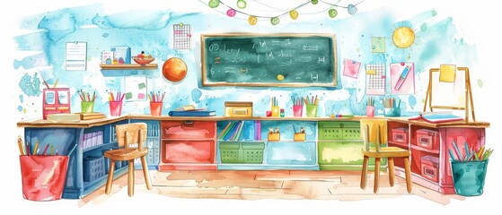 Watercolor of education depicting a colorful classroom in kid styles, Simple detail clipart cute watercolor on white background