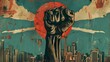 Fist of Defiance Rising Above Cityscape of Transformation and Progress