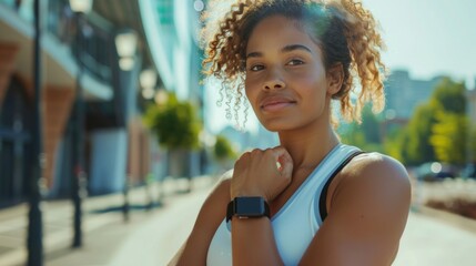 Wall Mural - Black woman, Fitness model in athletic wear, using fitness trackers and tech gadgets.