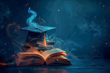 Ancient open book in the magical smoke