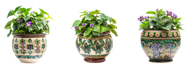 Wall Mural - Ornamental garden pots with lush green plants isolated on transparent or white background