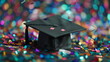 Black Graduation cap on festive background with blue and pink confetti. Copy space	
