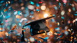 Throwing black graduation cap on celebrating background with confetti and lights. Banner, copy space	

