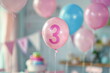 Pastel pink helium floating balloon with number three. Baby girl birthday party for 3 years celebration, copy space	