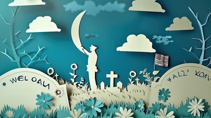 A layered papercut showing a soldier saluting a grave at a national cemetery, with paper wreaths and flags.