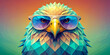 Stylized eagle head is a faceted,geometric-looking eagle head wearing cool-toned sunglasses that emit reflected light.The background alternates between warm and cool tones with copy space.AI generated