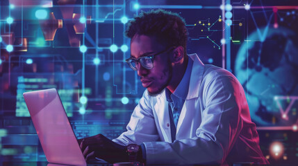 Wall Mural - a focused individual analyzing data on a laptop with futuristic digital graphs overlaying the image,