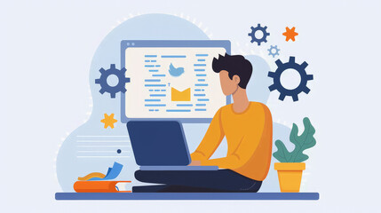 Sticker - illustration of a person analyzing social media data on a laptop, with graphical icons representing 