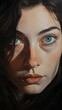 A hyper-realistic portrait showcasing the detailed facial features and striking blue eyes of a young woman