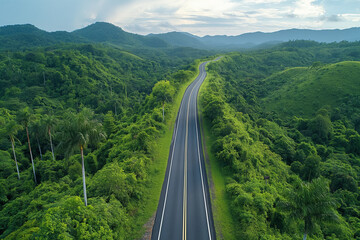 Aerial view of asphalt road in the middle of green forest