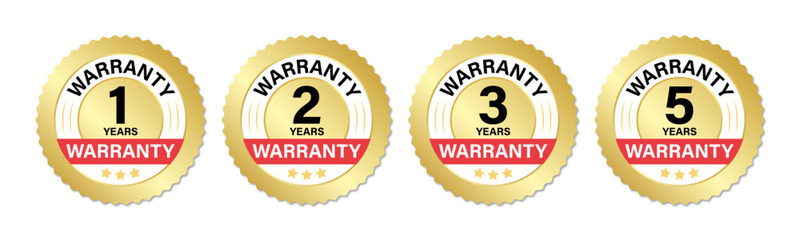 Warranty logo in zig zag circle with 1 2 3 and 5 warranty stamp or sticker with stars in golden color. Warranty logo for product and box packaging.