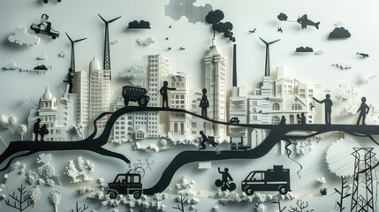 Wall Mural - An artistic papercut showing people using various gadgets and vehicles powered in the city, depicted with black energy in lines.